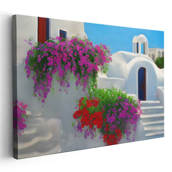 Mediterranean Blossoms: Vibrant Floral and Architectural Harmony Canvas Art