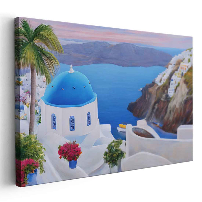 Azure Over Horizon: Blue Dome and Aegean Sea Canvas Art Print