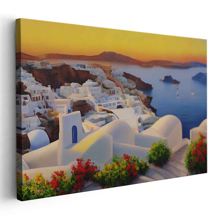 Mediterranean Sunset: Serene Coastal Village Canvas Art Print