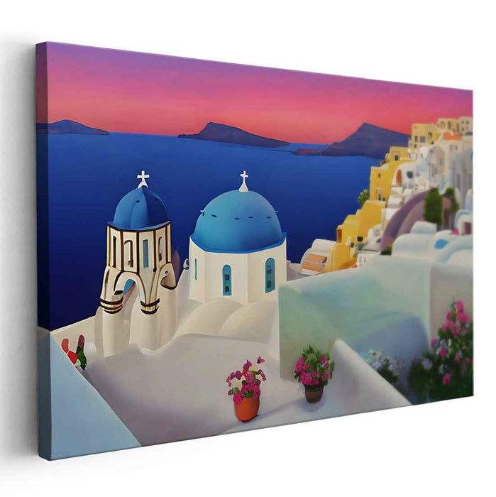 Azure Aegean Echoes: Santorini's Blue Domes and Aegean Vista Canvas Art Print
