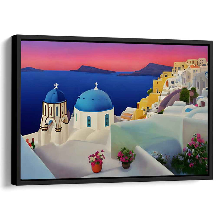 Azure Aegean Echoes: Santorini's Blue Domes and Aegean Vista Canvas Art Print
