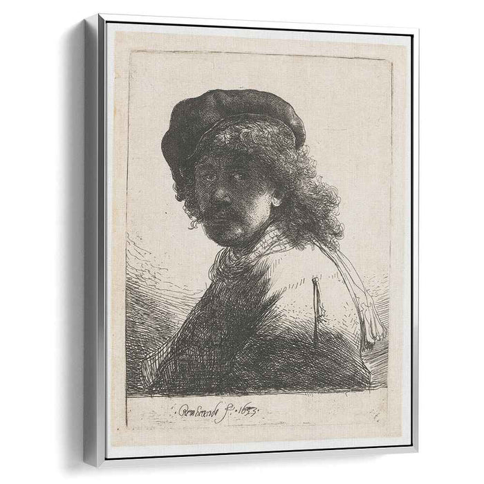 Self-portrait in a cap and scarf with the face dark bust (1633) by Rembrandt