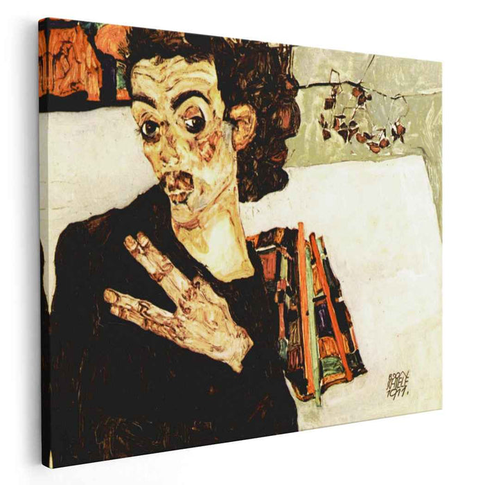 Self-Portrait with Black Vase and Spread Fingers (1911) by Egon Schiele
