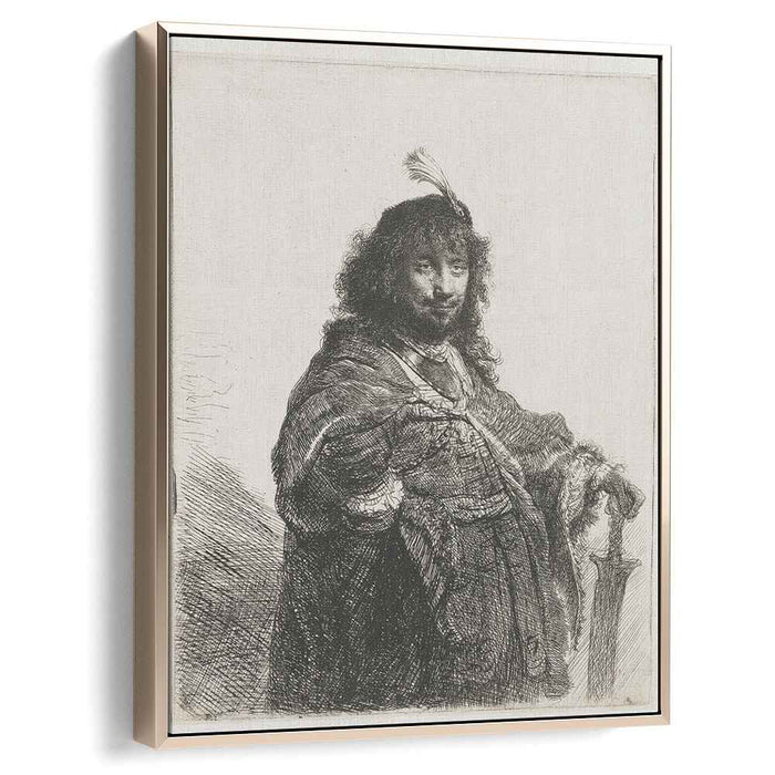 Self-portrait with plumed cap and lowered sabre (1634) by Rembrandt