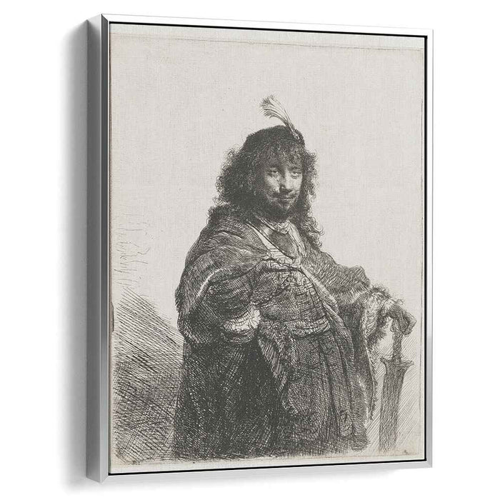 Self-portrait with plumed cap and lowered sabre (1634) by Rembrandt