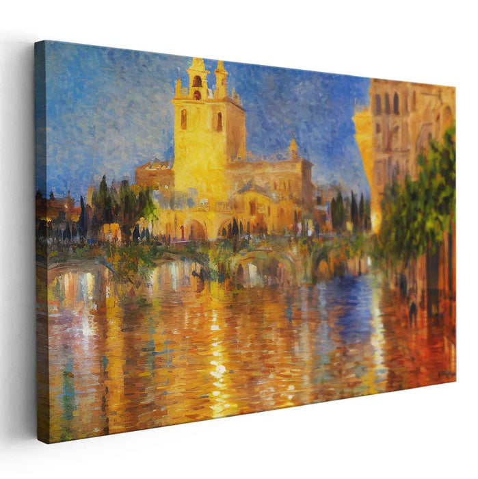 Brushstrokes Dance Among Ancient Waters: Impressionist View of a Historic Riverside Canvas Art