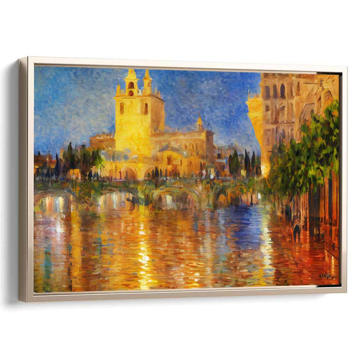 Brushstrokes Dance Among Ancient Waters: Impressionist View of a Historic Riverside Canvas Art