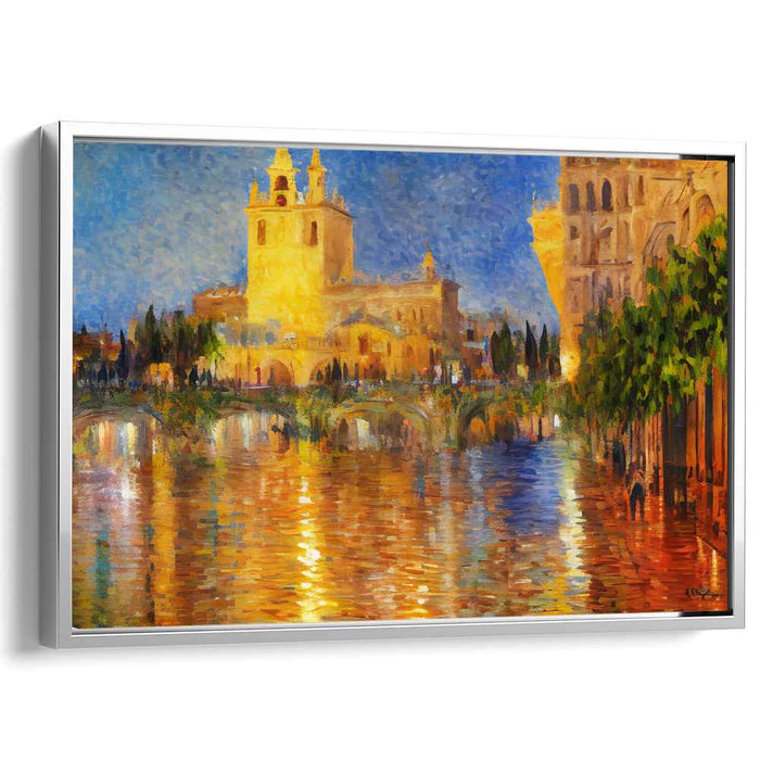 Brushstrokes Dance Among Ancient Waters: Impressionist View of a Historic Riverside Canvas Art