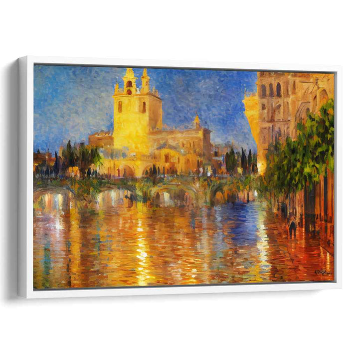 Brushstrokes Dance Among Ancient Waters: Impressionist View of a Historic Riverside Canvas Art