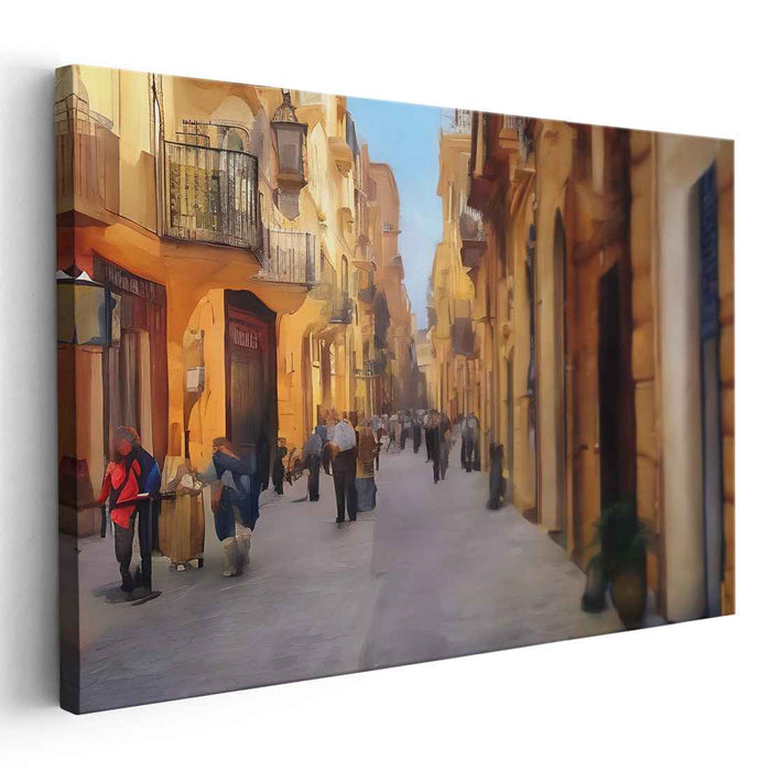Cobblestone Cafe Conversations: European Street Scene Canvas Art Print