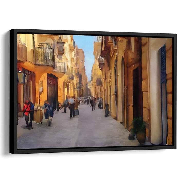 Cobblestone Cafe Conversations: European Street Scene Canvas Art Print