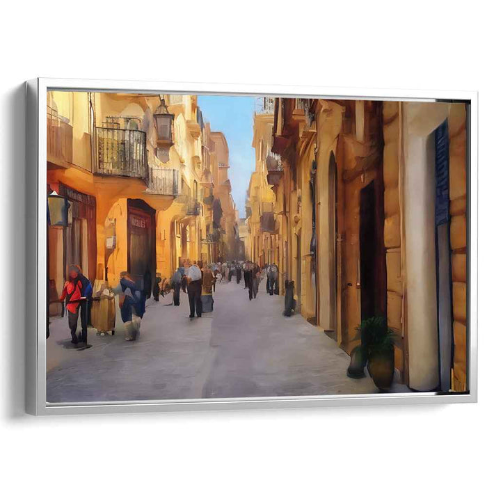 Cobblestone Cafe Conversations: European Street Scene Canvas Art Print