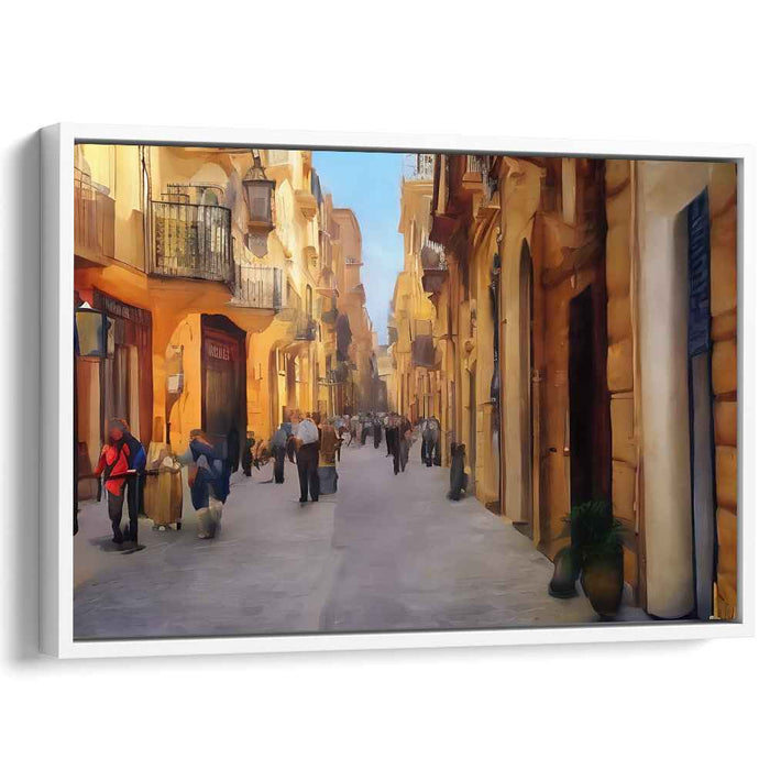 Cobblestone Cafe Conversations: European Street Scene Canvas Art Print