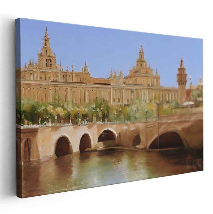 Elegant European Cityscape: Realist Sunny Riverside Architecture Canvas Art