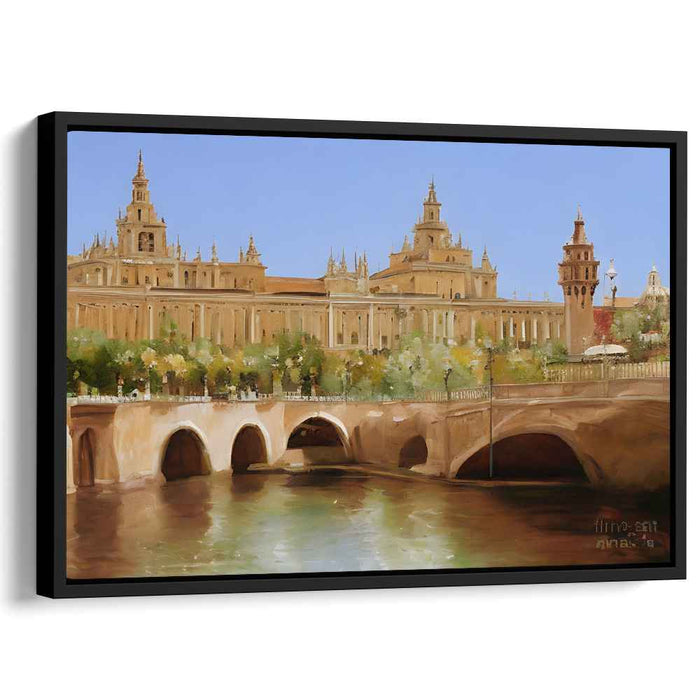 Elegant European Cityscape: Realist Sunny Riverside Architecture Canvas Art