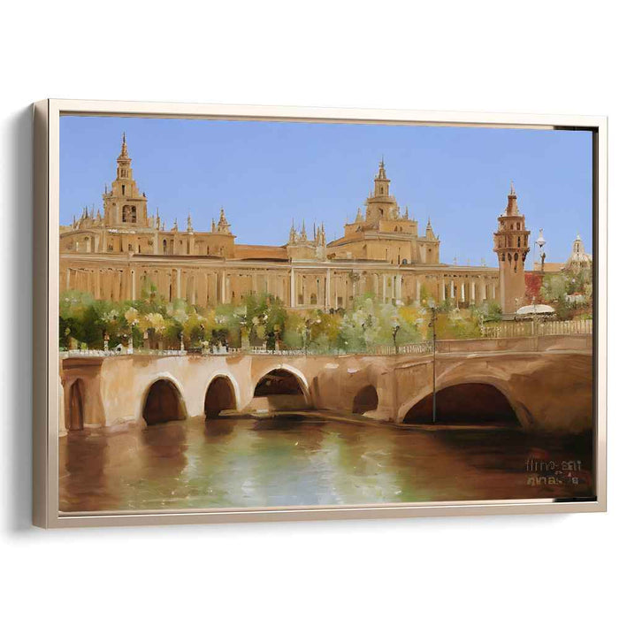 Elegant European Cityscape: Realist Sunny Riverside Architecture Canvas Art