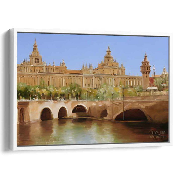 Elegant European Cityscape: Realist Sunny Riverside Architecture Canvas Art