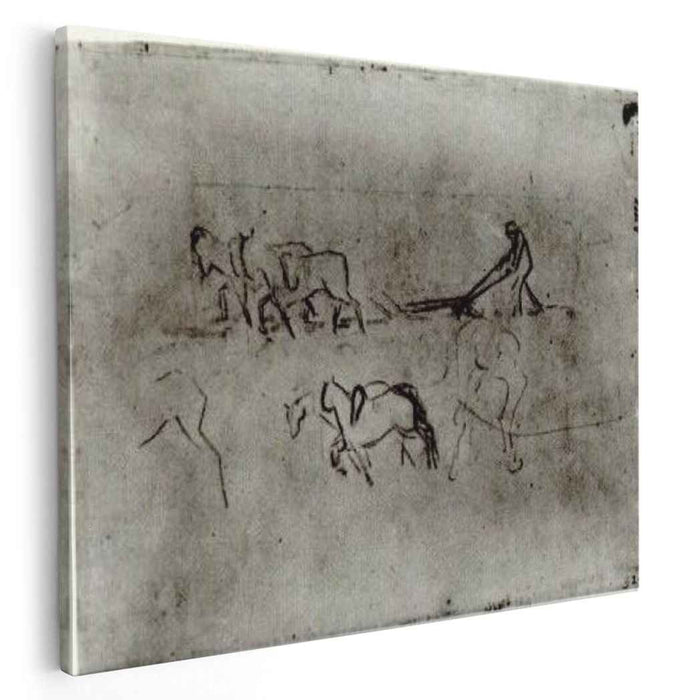 Sketches of Peasant Plowing with Horses (1890) by Vincent van Gogh