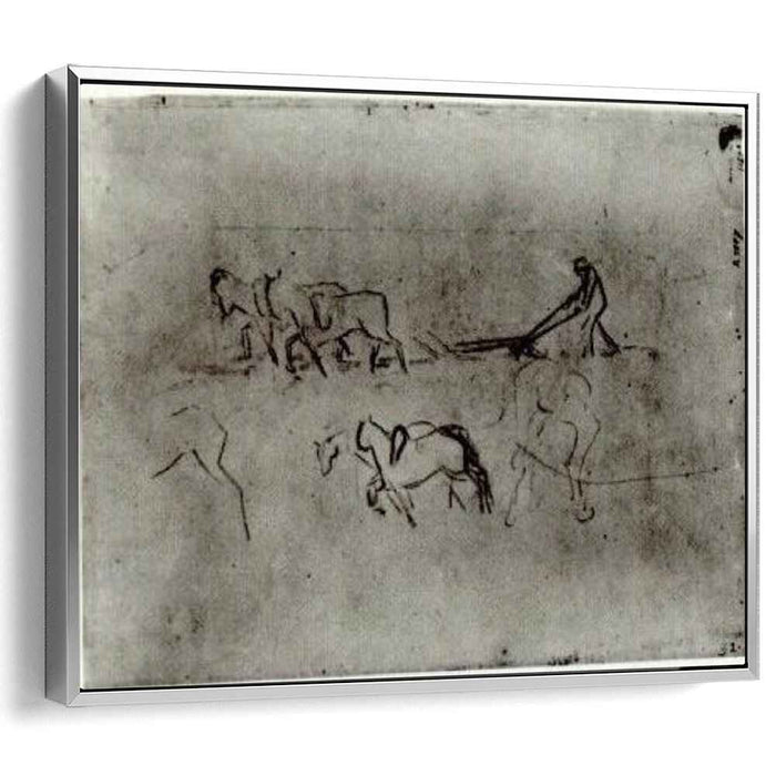 Sketches of Peasant Plowing with Horses (1890) by Vincent van Gogh