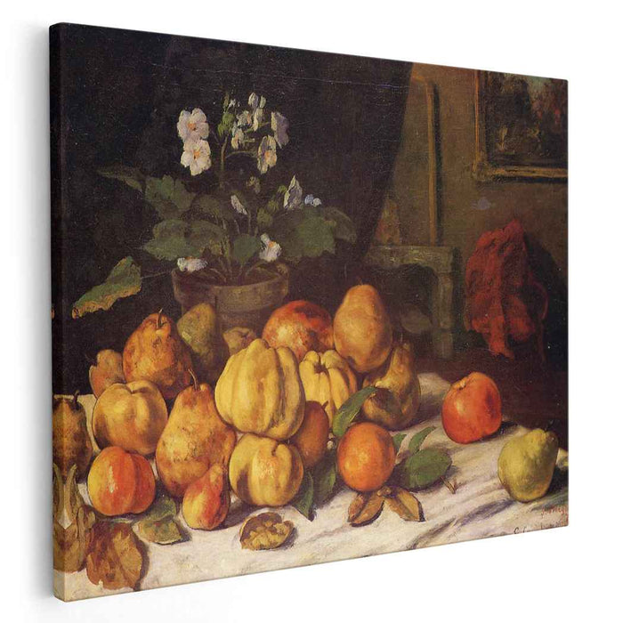 Still Life Apples, Pears and Flowers on a Table, Saint Pelagie by Gustave Courbet