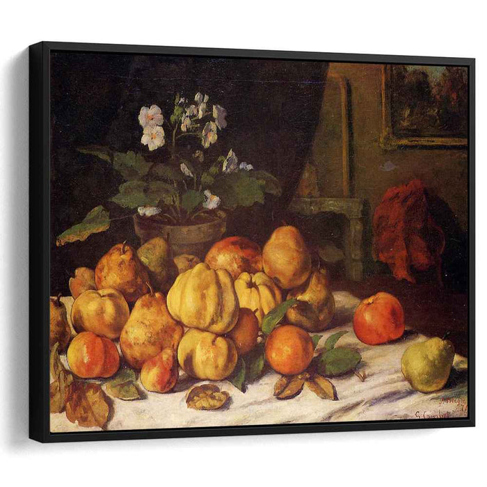 Still Life Apples, Pears and Flowers on a Table, Saint Pelagie by Gustave Courbet