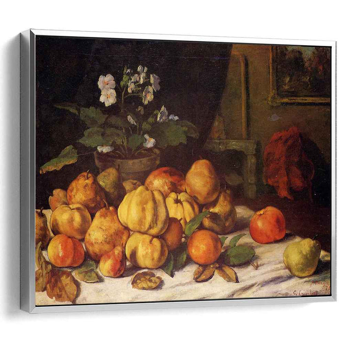 Still Life Apples, Pears and Flowers on a Table, Saint Pelagie by Gustave Courbet