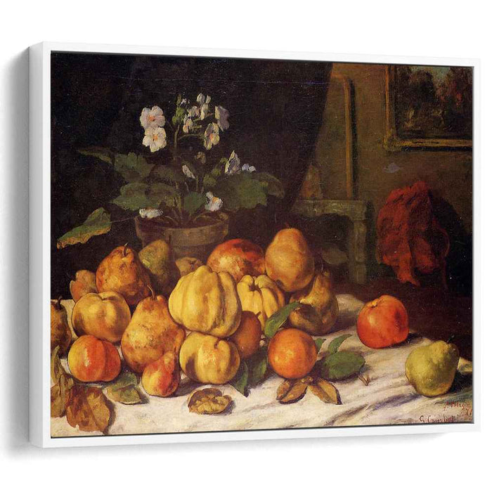 Still Life Apples, Pears and Flowers on a Table, Saint Pelagie by Gustave Courbet