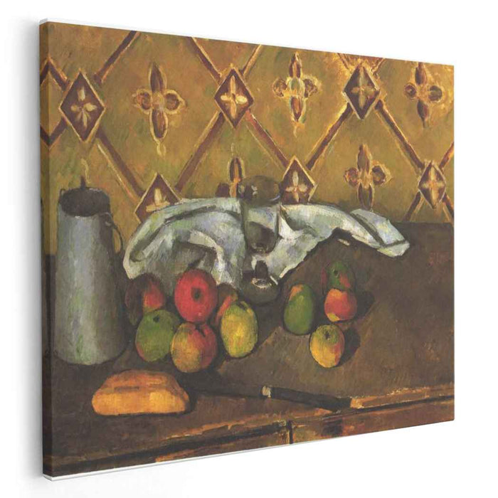 Still life with apples, servettes and a milkcan by Paul Cezanne