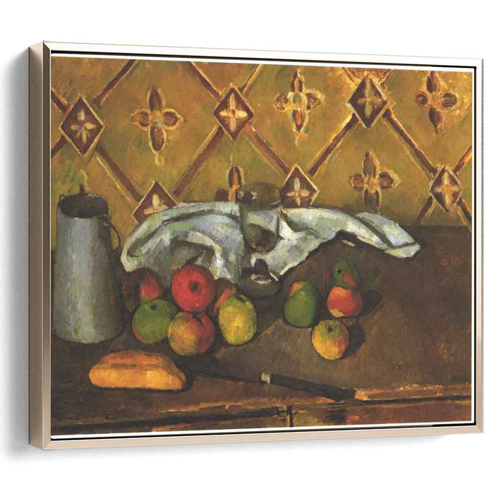 Still life with apples, servettes and a milkcan by Paul Cezanne