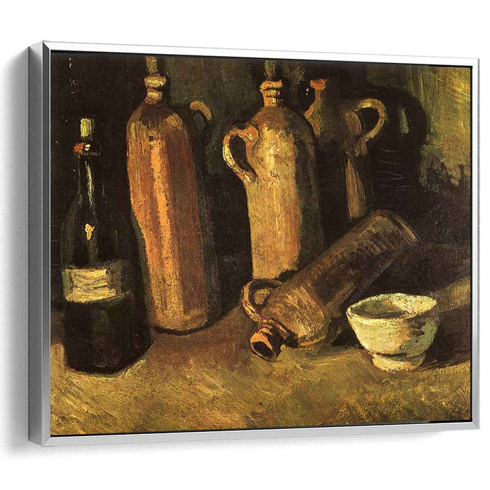 Still Life with Four Stone Bottles, Flask and White Cup by Vincent van Gogh