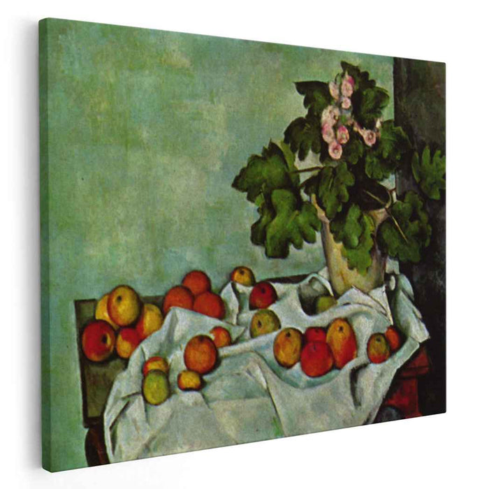 Still Life with Apples and a Pot of Primroses (1890) by Paul Cezanne