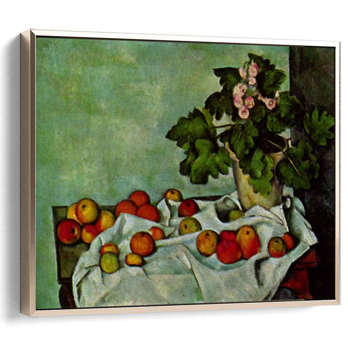 Still Life with Apples and a Pot of Primroses (1890) by Paul Cezanne