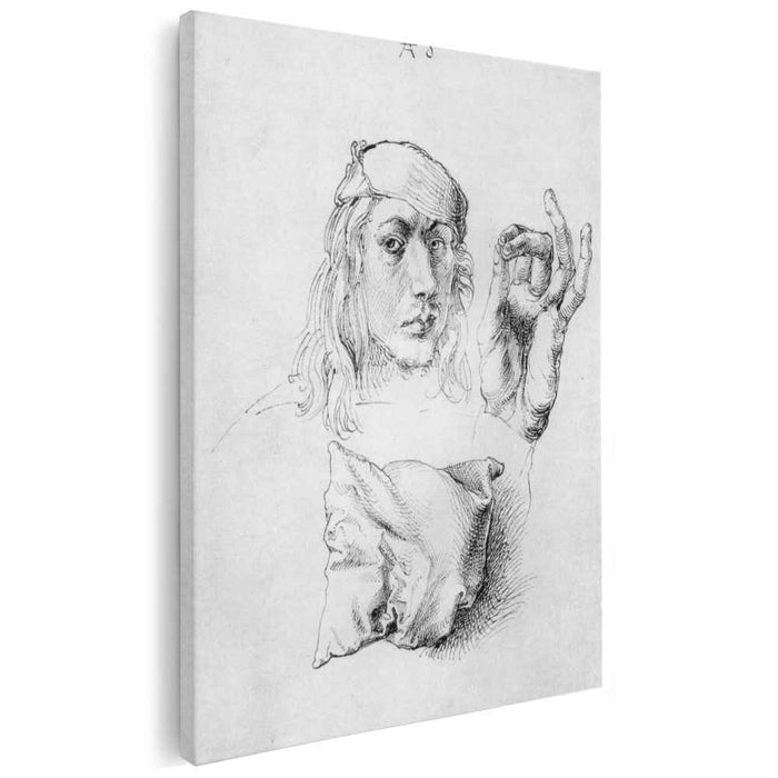 Study sheet with self-portrait, hand, and cushions by Albrecht Durer