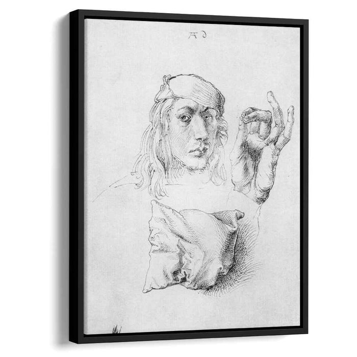 Study sheet with self-portrait, hand, and cushions by Albrecht Durer