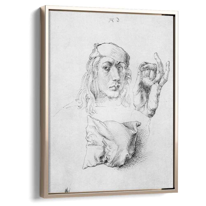 Study sheet with self-portrait, hand, and cushions by Albrecht Durer