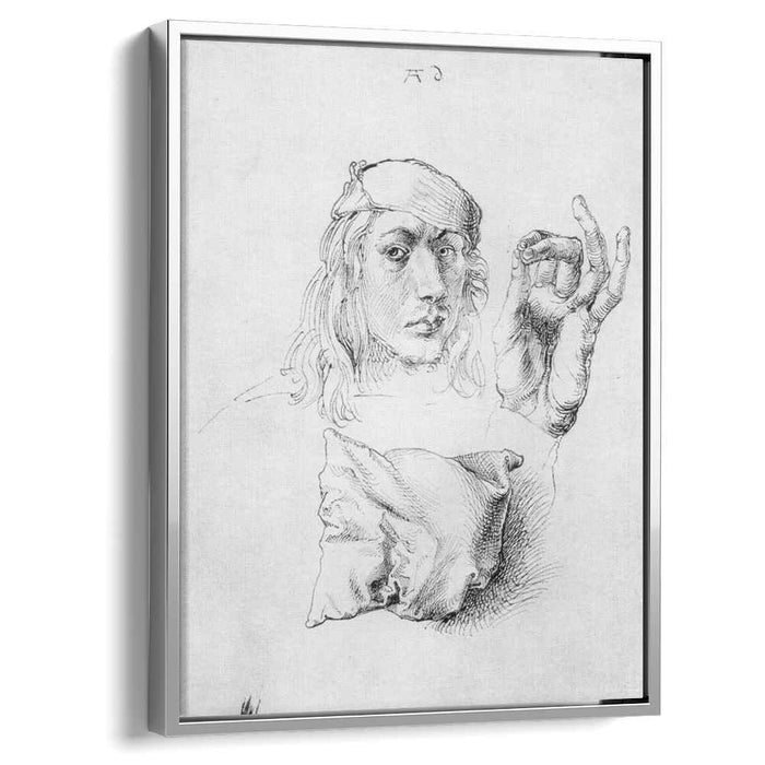Study sheet with self-portrait, hand, and cushions by Albrecht Durer