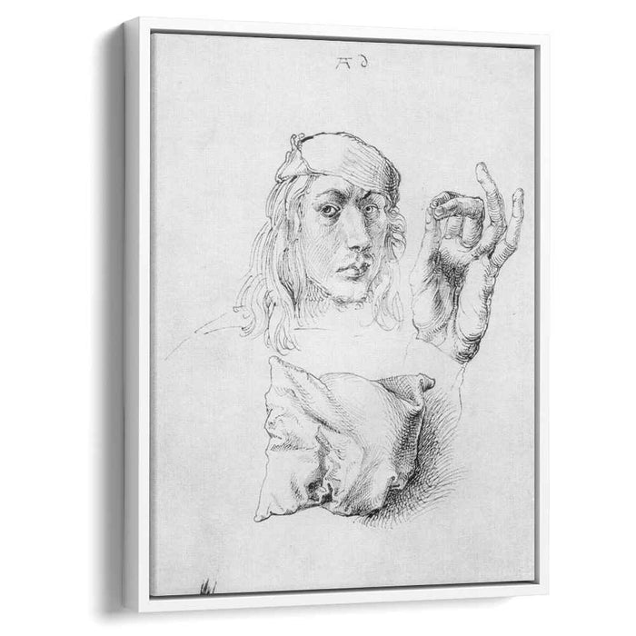 Study sheet with self-portrait, hand, and cushions by Albrecht Durer