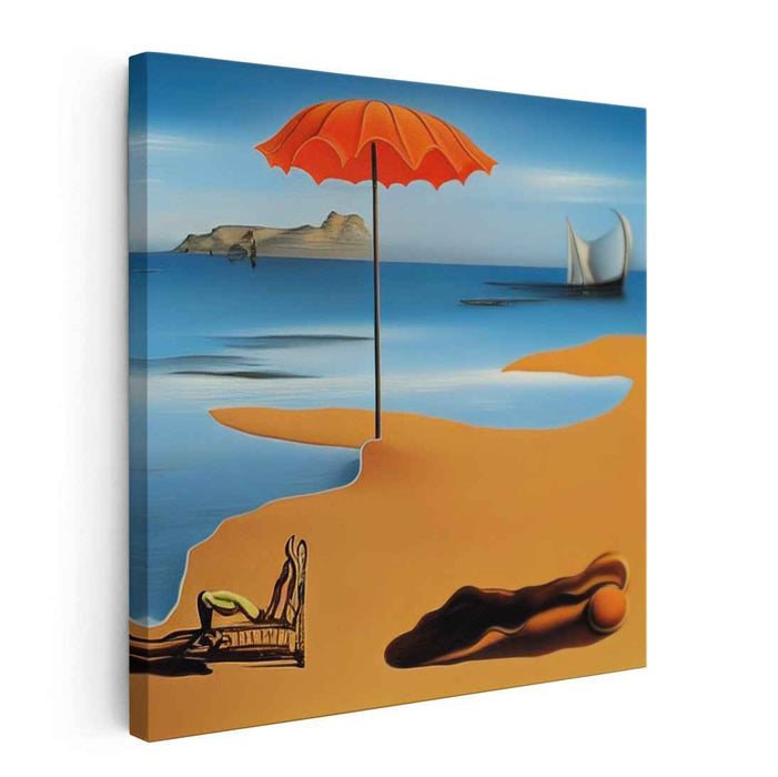 Surreal Coastal Serenity: Dreamlike Seascape with Orange Umbrella Canvas Art