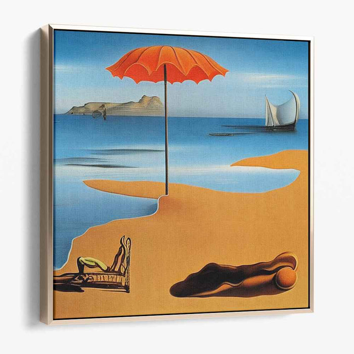 Surreal Coastal Serenity: Dreamlike Seascape with Orange Umbrella Canvas Art