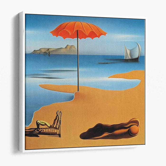 Surreal Coastal Serenity: Dreamlike Seascape with Orange Umbrella Canvas Art