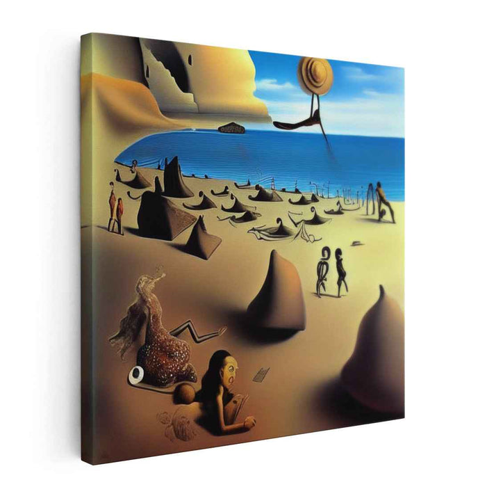 Whimsy Shoreline Journey: Surreal Beachscape with Snail and Shadows Canvas Art