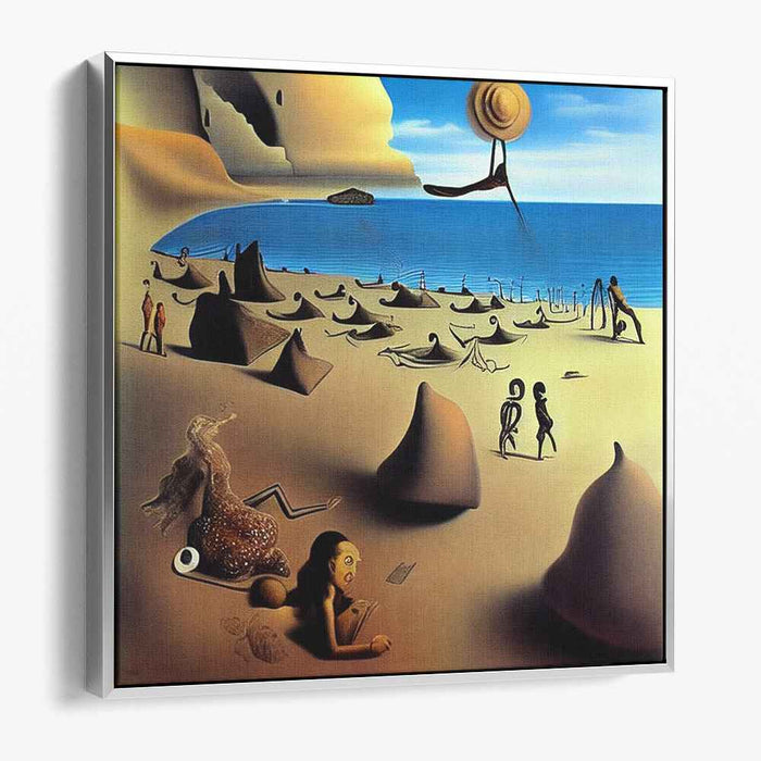 Whimsy Shoreline Journey: Surreal Beachscape with Snail and Shadows Canvas Art