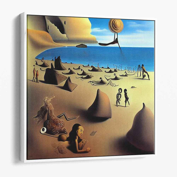 Whimsy Shoreline Journey: Surreal Beachscape with Snail and Shadows Canvas Art