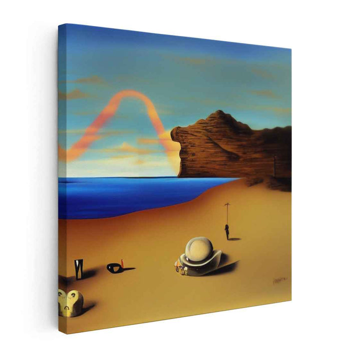 Mystery Sands Alchemy: Surreal Beachscape with Enigmatic Symbols Canvas Art