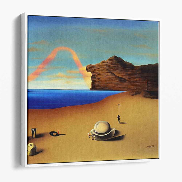 Mystery Sands Alchemy: Surreal Beachscape with Enigmatic Symbols Canvas Art