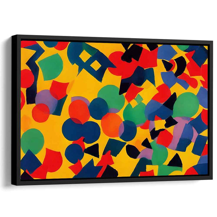 Sunburst Symmetry: Dynamic Shapes on Yellow Canvas Art