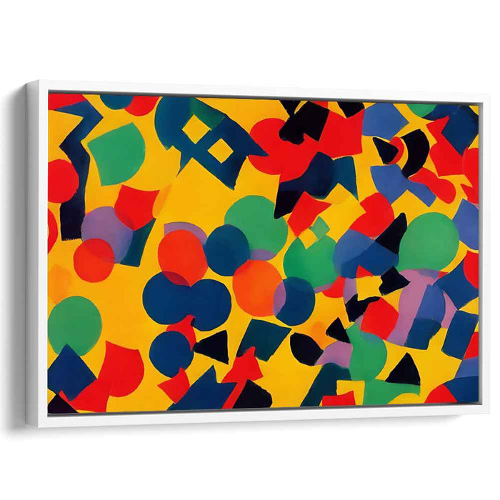 Sunburst Symmetry: Dynamic Shapes on Yellow Canvas Art