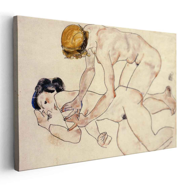 Two Female Nudes, One Reclining, One Kneeling by Egon Schiele