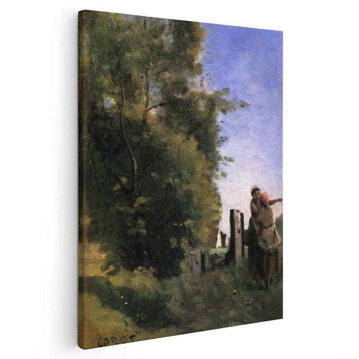 Two Women Talking by a Gate (1865) by Camille Corot