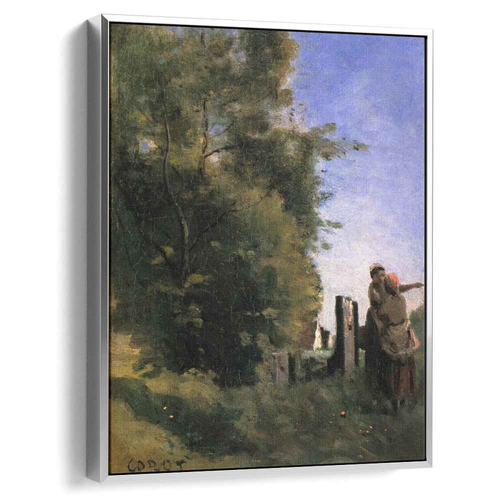 Two Women Talking by a Gate (1865) by Camille Corot